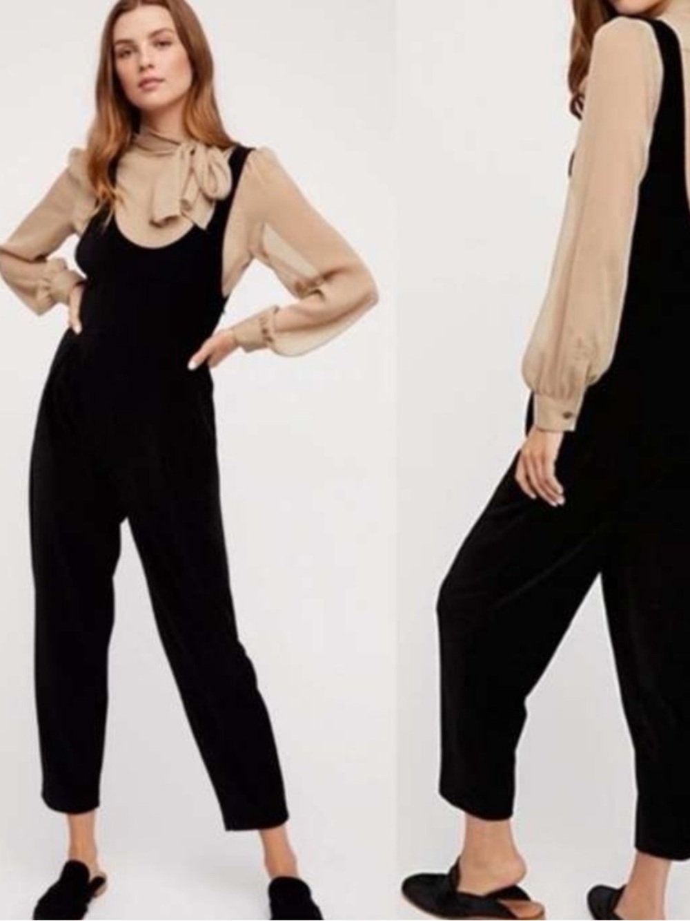 Free People Soft Black Vera velvet Scoop Neck ribbed Jumpsuit small